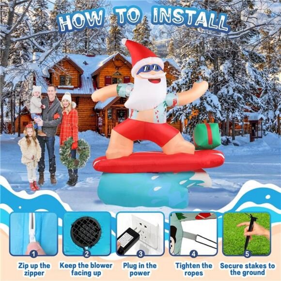 6.5FT Christmas Santa Claus Inflatables Outdoor Decor Surfing Santa Fun Hawaii - Picture 6 of 8